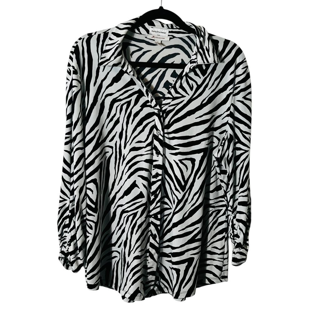 JM Collection Kathy Buchanan Zebra Animal Print Blouse Button Front Stretchy XL‎